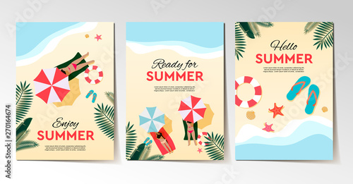 Set of summer holidays and tropical vacation posters or greeting card. Vector flat design.
