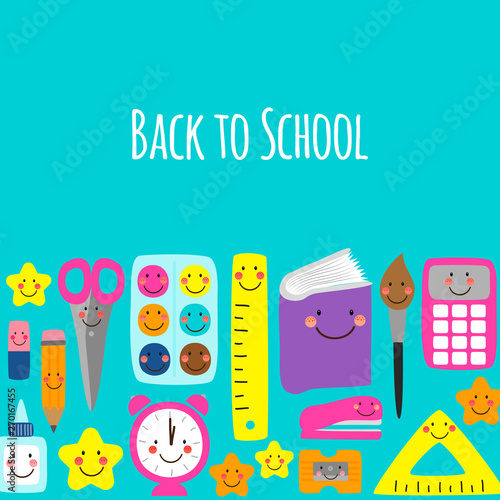 Cute bright eye-catching Back to school banner design with colorful funny cartoon characters, education theme background