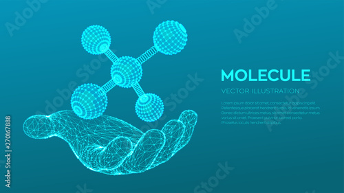 Molecule in hand. Dna, atom, neurons. Molecules and chemical formulas. 3D Scientific molecule background for medicine, science, technology, chemistry, biology. Vector illustration.
