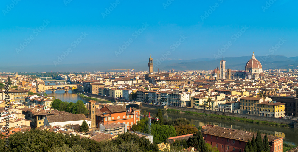 Florence, Tuscany / Italy: General view of the city as seen from Piazza Michelangelo, with the Ponte Vecchio and Santa Maria del Fiore