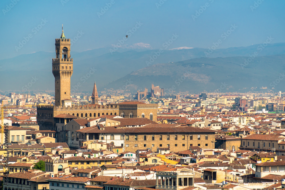Florence, Tuscany / Italy: Palazzo Vecchio as seen from the Piazza Michelangelo
