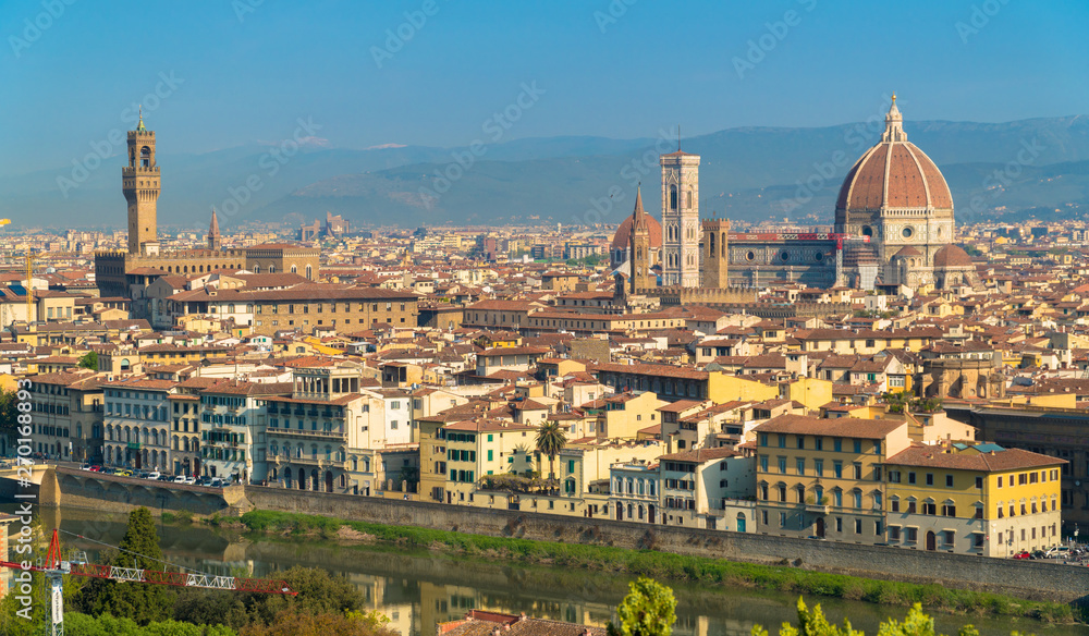 Florence, Tuscany / Italy: Santa Maria del Fiore Cathedral and Palazzo Vecchio as seen from Piazza Michelangelo. 