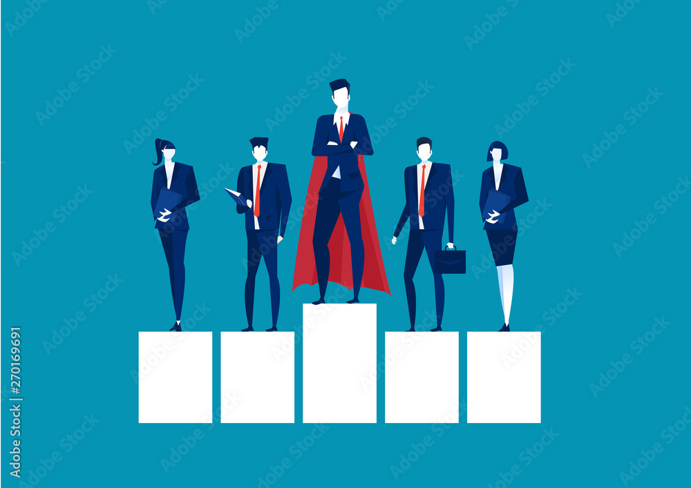 © TA design - Superhero businessman standing on a platform for leadership on blue background, simple flat cartoon style.  illustration