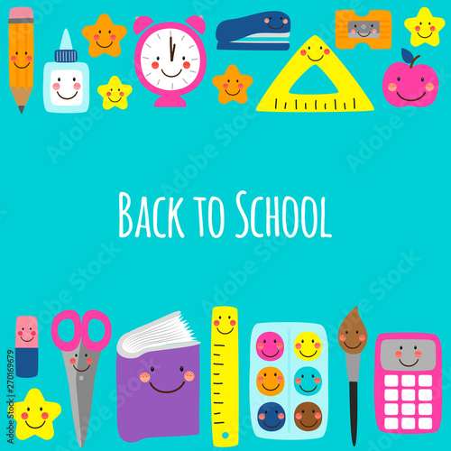 Cute bright eye-catching Back to school banner design with colorful funny cartoon characters, education theme background