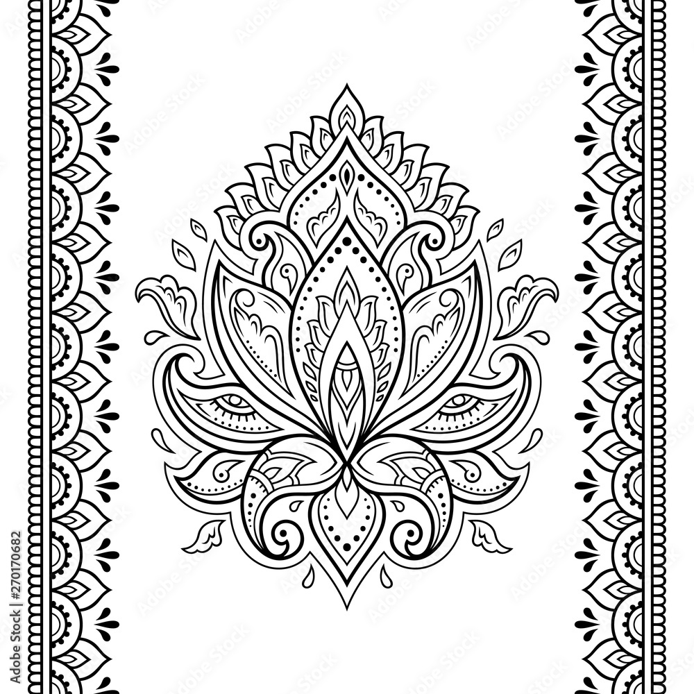 Set of lotus mehndi flower pattern and seamless border for Henna drawing and tattoo. Decoration in oriental, Indian style. Doodle ornament. Outline hand draw vector illustration.
