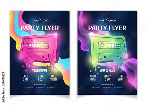 Night club DJ party, retro music event or concert cartoon vector advertising flyer, placard with announcement page template. Melted and flowing magnetic tape audio cassette plastic body illustration