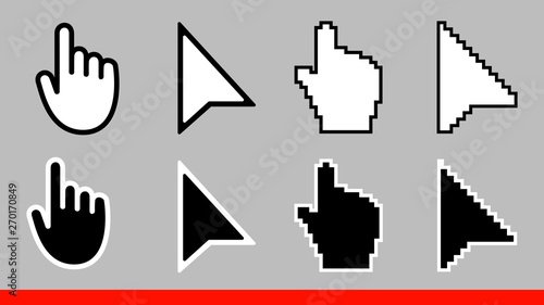 8 Black and white arrow pixel and no pixel mouse hand cursors icon vector illustration set flat style design isolated on white background.