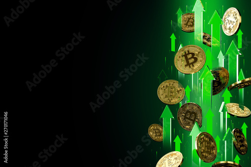 Green arrows pointing up as Bitcoin (BTC) price rises. Isolated on black background, copy space. Cryptocurrency prices grow concept. 3D rendering