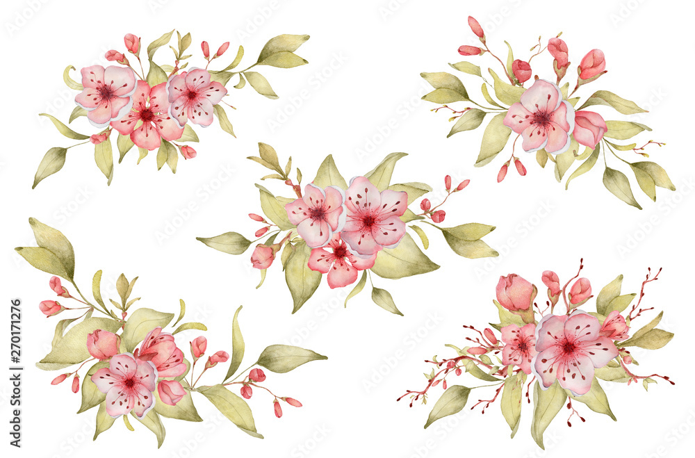 Obraz premium Sakura flowers watercolor illustration. Blossom petal bouquet 