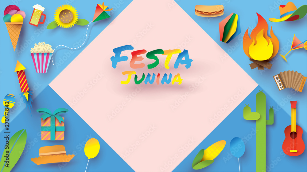 Festa Junina festival design on paper art and flat style with Party Flags and Paper Lantern, Can use for Greeting Card, Invitation or Holiday Poster. - Vector Festa Junina festival design on paper art and flat style with Party Flags and Paper Lantern, Can use for Greeting Card, Invitation or Holiday Poster. - Vector