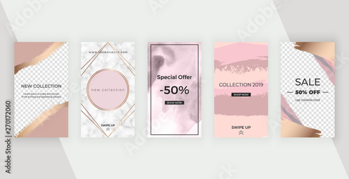 Editable stories templates for social media banners with watercolor brush stroke texture, polygonal line frame and marble texture. Modern covers design for poster, greeting, wedding invitation, flyers