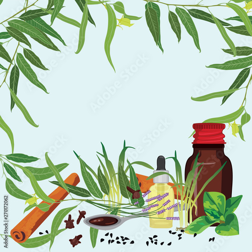 Bottles of medicine mixtures and medical herbs
