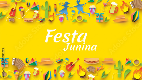 Festa Junina festival design on paper art and flat style with Party Flags and Paper Lantern, Can use for Greeting Card, Invitation or Holiday Poster. - Vector photo