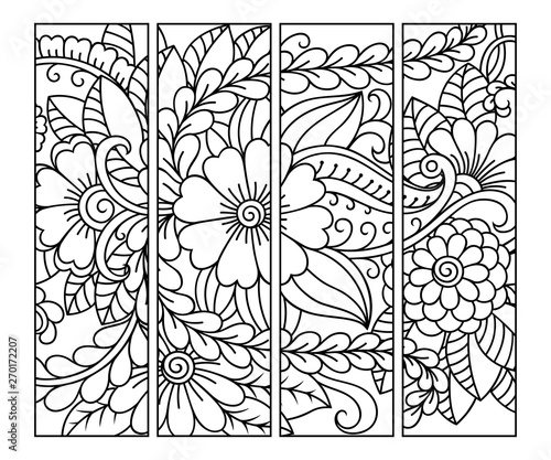Bookmark for book - coloring. Set of black and white labels with floral doodle patterns, hand draw in mehndi style. Sketch of ornaments for creativity of children and adults with colored pencils.