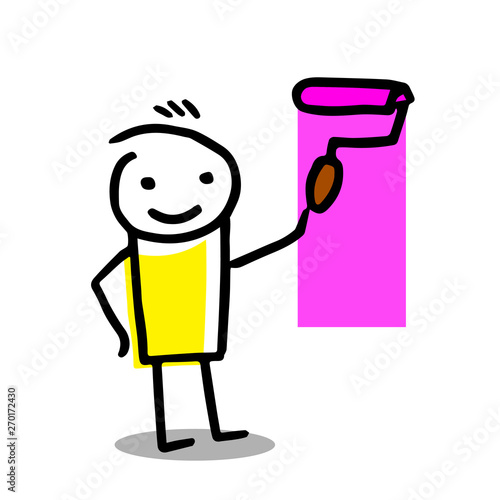 Stick figure character is painting a wall with an applicator.