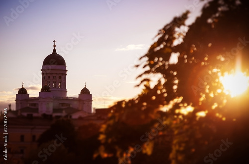 View of the central cathedral in Helsinki, Finland at sunset. Beautiful city landscape