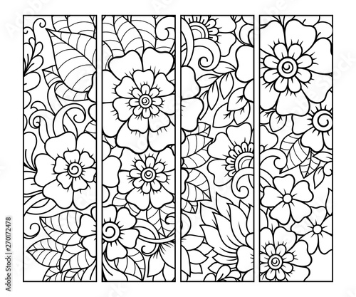 Bookmark for book - coloring. Set of black and white labels with floral doodle patterns, hand draw in mehndi style. Sketch of ornaments for creativity of children and adults with colored pencils.