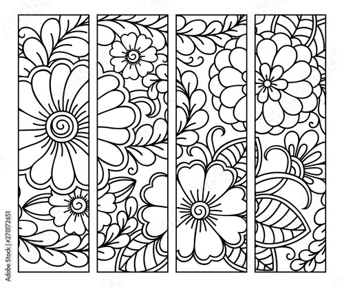 Bookmark for book - coloring. Set of black and white labels with floral doodle patterns, hand draw in mehndi style. Sketch of ornaments for creativity of children and adults with colored pencils.
