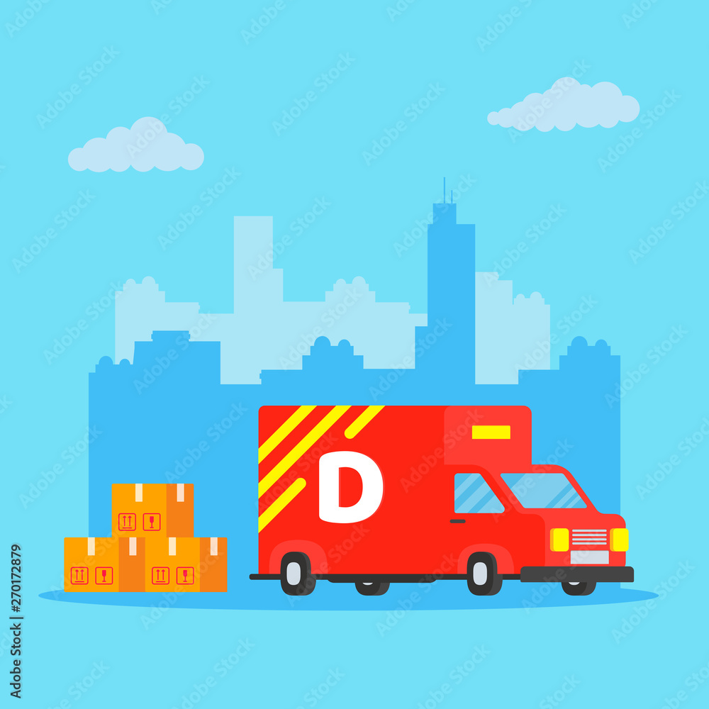 Fast red delivery vehicle car van flat style design vector illustration isolated on white background. Cargo auto truck for shipment business with pile of boxes.