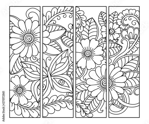 Bookmark for book - coloring. Set of black and white labels with floral doodle patterns, hand draw in mehndi style. Sketch of ornaments for creativity of children and adults with colored pencils.