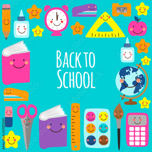 Cute bright eye-catching Back to school frame design with colorful funny cartoon characters, education theme background