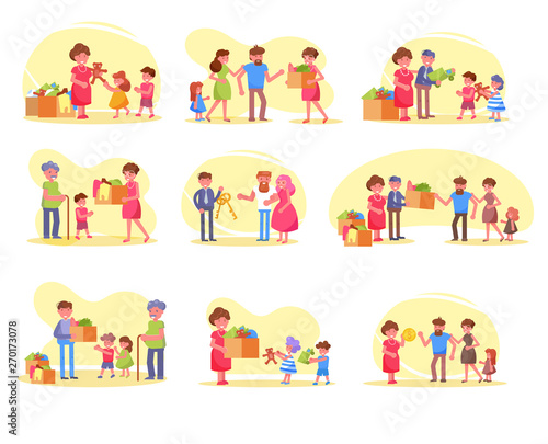 Charity Food, clothes, toys, boxes, volunteer, fund, poor Vector. Cartoon. Isolated art Set, collection