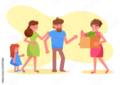 Charity Volunteer donates a meal to a poor family Vector. Cartoon. Isolated art