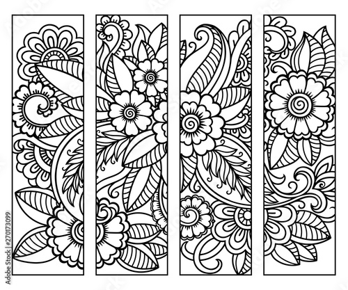 Bookmark for book - coloring. Set of black and white labels with floral doodle patterns, hand draw in mehndi style. Sketch of ornaments for creativity of children and adults with colored pencils.