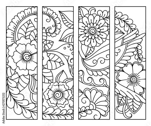 Bookmark for book - coloring. Set of black and white labels with floral doodle patterns, hand draw in mehndi style. Sketch of ornaments for creativity of children and adults with colored pencils.
