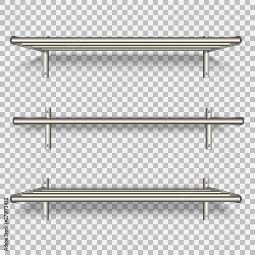 Metal shelves on the wall. For storage of household utensils, for books, in the bathroom, garment accessories. Mockup  for business. Isolated on transparent background. Vector illustration.