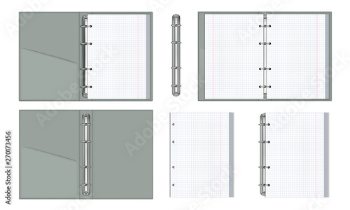 A set of realistic notebooks with paper binding rings. Block white sheets in a cage. 3D mockup for business. Isolated on white background. Vector illustration.