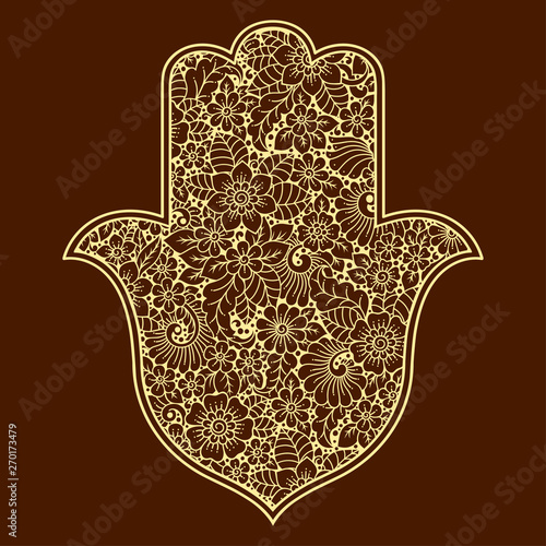 Hamsa hand drawn symbol with flower. Decorative pattern in oriental style for interior decoration and henna drawings. The ancient sign of "Hand of Fatima".