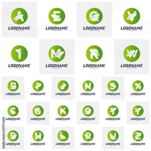 Set of Font with Leaf Logo Design Concepts. Nature Letter Logo Icon Vector Template. Icon Symbol.