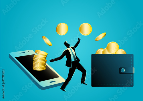 Businessman delighted receiving gold coin transfer