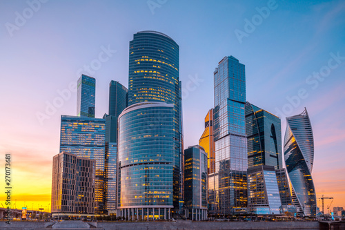 Skyscrapers of Moscow City business center at sunset, Russia.