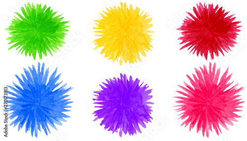 Set of abstract watercolor pompon shapes background. Round colorful flower elements isolated on white photo