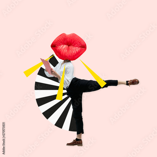 Dancing office woman in classic suit like a ballet dancer headed by the big red female lips against trendy coral background. Negative space to insert your text. Modern design. Contemporary art collage