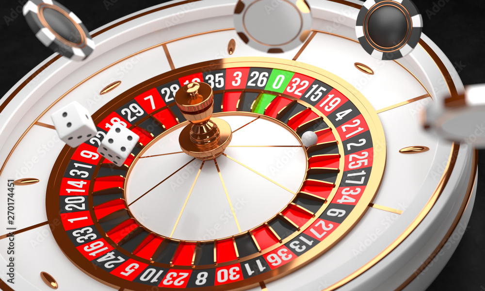 Casino background. Luxury Casino roulette wheel on black background. Casino theme. Close-up white casino roulette with a ball, chips and dice. Poker game table. 3d rendering illustration. Casino background. Luxury Casino roulette wheel on black background. Casino theme. Close-up white casino roulette with a ball, chips and dice. Poker game table. 3d rendering illustration.