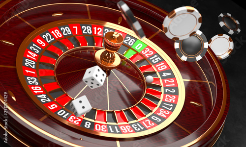 Casino background. Luxury Casino roulette wheel on black background. Casino theme. Close-up white casino roulette with a ball, chips and dice. Poker game table. 3d rendering illustration.