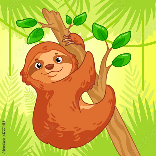 Cute brown sloth hanging on a branch in jungle. Cartoon animal vector illustration. Unique hand drawn vector illustration. Can be used for sticker  patch  print  poster  t-shirt  holiday  party decor