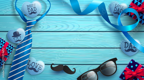 Happy Father's Day wood table background with necktie,glasses and gift box on wood table.Promotion and shopping template for Father's Day.Vector illustration EPS10