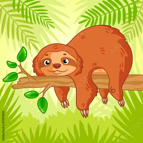 Cute lazy sloth resting on a branch in jungle. Cartoon animal vector illustration. Unique vector illustration. Can be used for sticker  phone case  print  poster  t-shirt  holiday or party decor