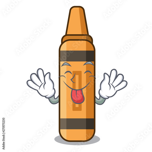 Tongue out orange crayon in a cartoon wallet