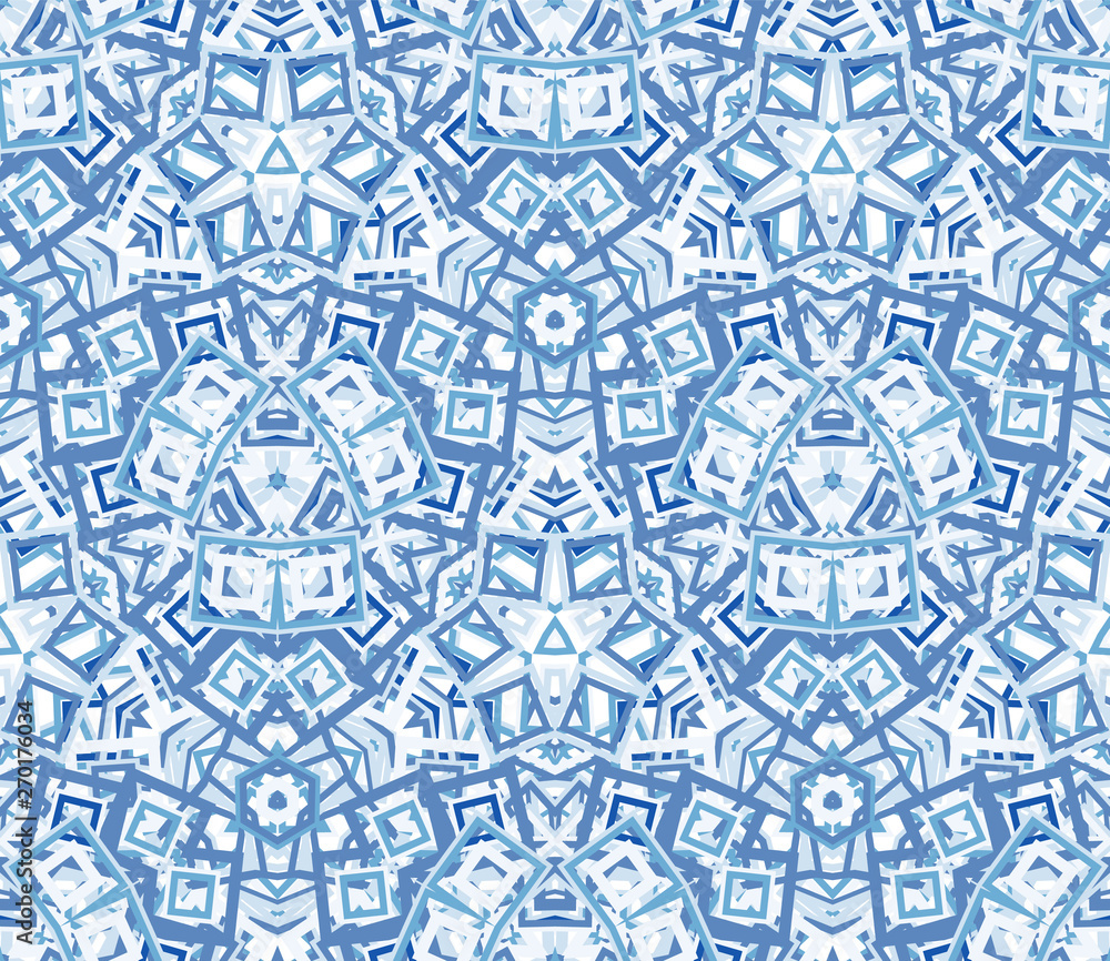 Blue kaleidoscope seamless pattern. Geometric abstraction on white background. Useful as design element for texture and artistic compositions. Blue kaleidoscope seamless pattern. Geometric abstraction on white background. Useful as design element for texture and artistic compositions.