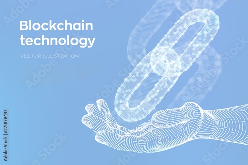 Block chain. Crypto currency. Blockchain concept. 3D wireframe chain with digital blocks in robotic hand. Editable cryptocurrency template. Stock vector illustration.