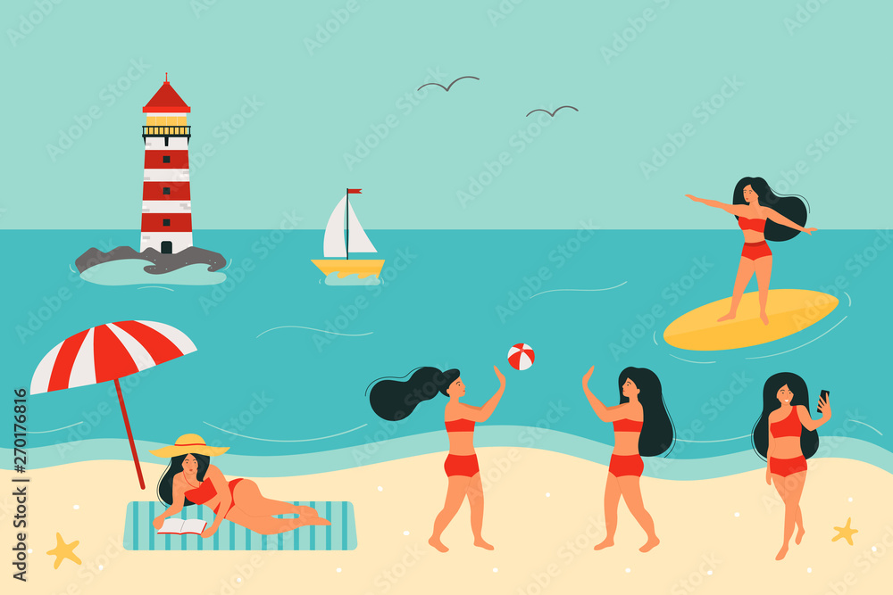 Summertime vector flat illustration. People on the beach. A woman sunbathes and reads a book. Play a beach ball. Take a selfie. Surfer girl on surfboard. Summer vacation banner design.