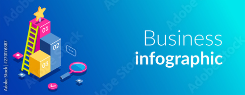 3d infographic for web template. Magnifying glass and ladder on a background of graphics. Can use for web banner, infographics, hero images. Flat isometric vector illustration