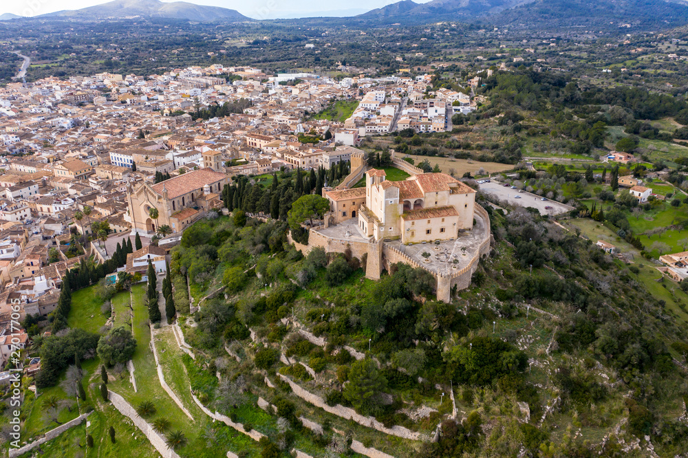 Aerial view, Arta with Parish Church of Transfiguracio del Senyor and Santuari de Sant Salvador Monastery on Calvary, Mallorca, Balearic Islands, Spain, Europe