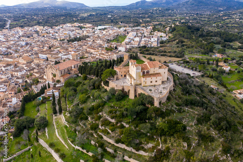Aerial view, Arta with Parish Church of Transfiguracio del Senyor and Santuari de Sant Salvador Monastery on Calvary, Mallorca, Balearic Islands, Spain, Europe photo