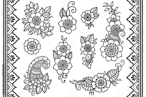Fototapeta Naklejka Na Ścianę i Meble -  Set of Mehndi flower pattern and seamless border for Henna drawing and tattoo. Decoration in ethnic oriental, Indian style. Doodle ornament. Outline hand draw vector illustration.